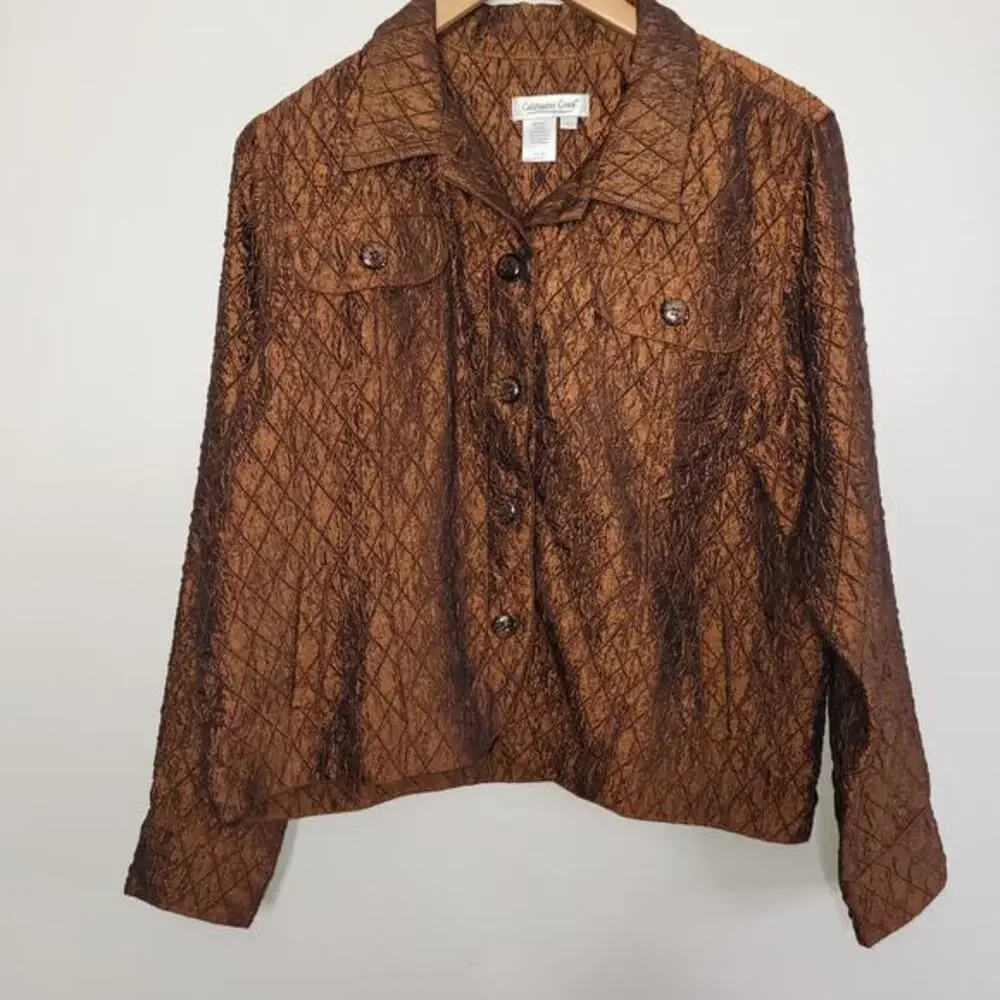 Coldwater Creek Womens Blazer‎ Size Large Bronze Brown Crinkle Fabric Jacket